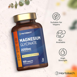 Magnesium Glycinate Supplement | 2000Mg | 100 Vegan Tablets | High Strength Providing 400Mg of Elemental Magnesium | by Horbaach