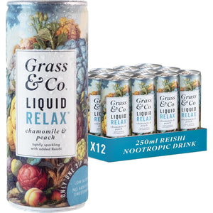Grass & Co. Nootropics Drinks with Magnesium, Ashwagandha, Vitamin B12, Vitamin B6, Reishi Mushroom & More | Liquid Relax | Chamomile & Peach | Lightly Sparkling | Vegan | 12 X 250Ml Cans