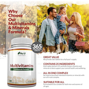 Nu U Nutrition - A-Z Multivitamin Tablets for Men & Women - 365 Tablets - 12 Month Supply - 25 Essential Multivitamins & Minerals Including Iron, Zinc & Vitamin D - One a Day - Made in the UK