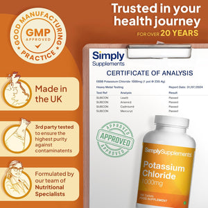 Potassium Chloride 1000Mg | Supports Normal Muscle Function & Blood Pressure | Vegan & Vegetarian Friendly | 180 Tablets = 3 Months’ Supply