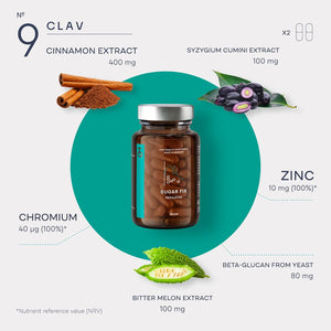 N°9 Sugar FIX - Blood Sugar Control Supplement - Cinnamon Capsules with Bitter Melon, Beta Glucan & Chromium - 60 Capsules - Vegan Glucose Support Supplement - Blood Sugar Diet - Made in Germany