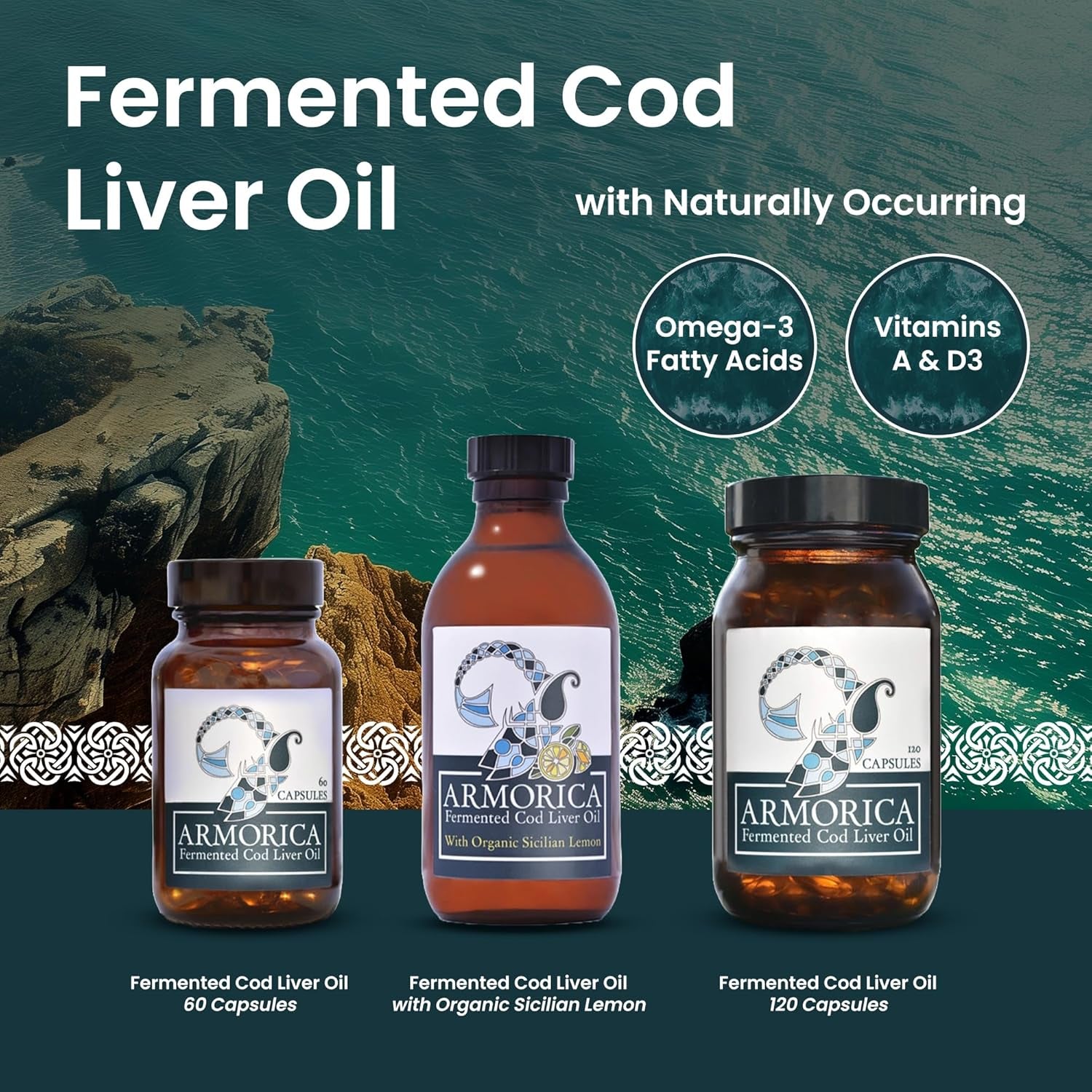 ARMORICA Fermented Cod Liver Oil | Cold-Processed & Naturally Enriched | Omega-3, Antioxidants, and Vitamins a & D | Made in the UK (Unflavoured) (120 Capsules)