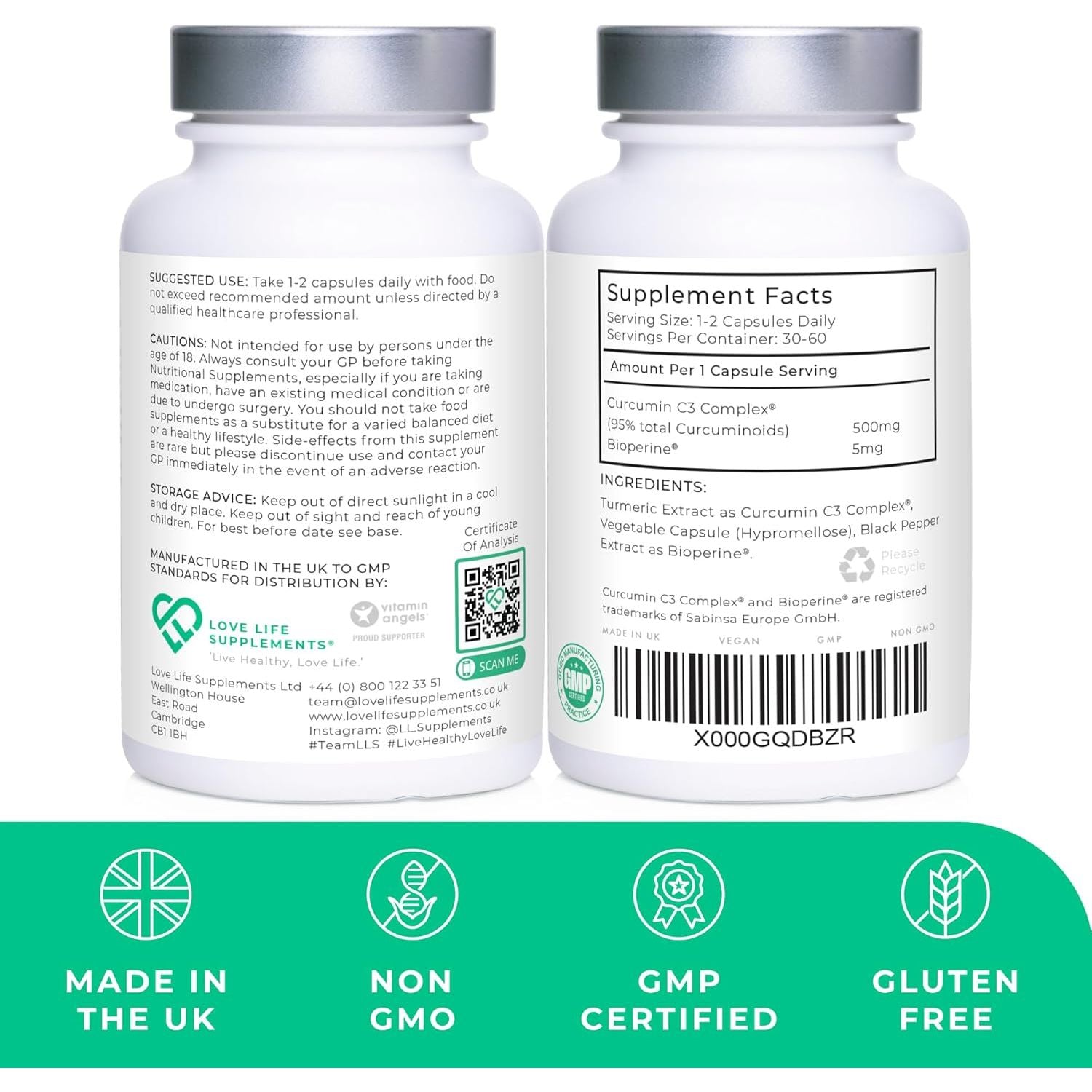 Curcumin 95 + Bioperine® by LLS | High Strength Turmeric Curcumin Capsules Containing 96.9% Curcuminoids and Black Pepper Extract | 500Mg X 60 Veg Capsules | Made in UK under GMP/BRC License