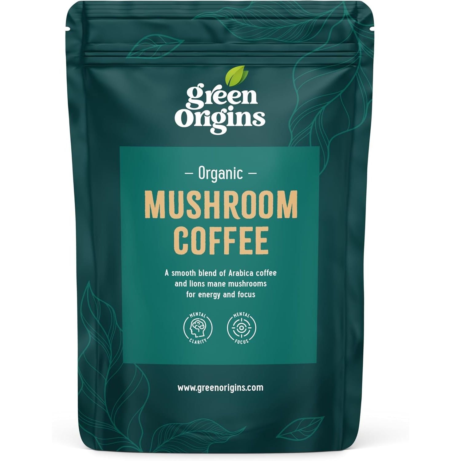 Green Origins Organic Super Mushroom Mocha Latte Blend with Lion'S Mane, Coffee & Cacao for Energy & Focus |10 Servings, 100G | Vegan, Dairy Free, Gluten Free, Kosher, No Added Sugar