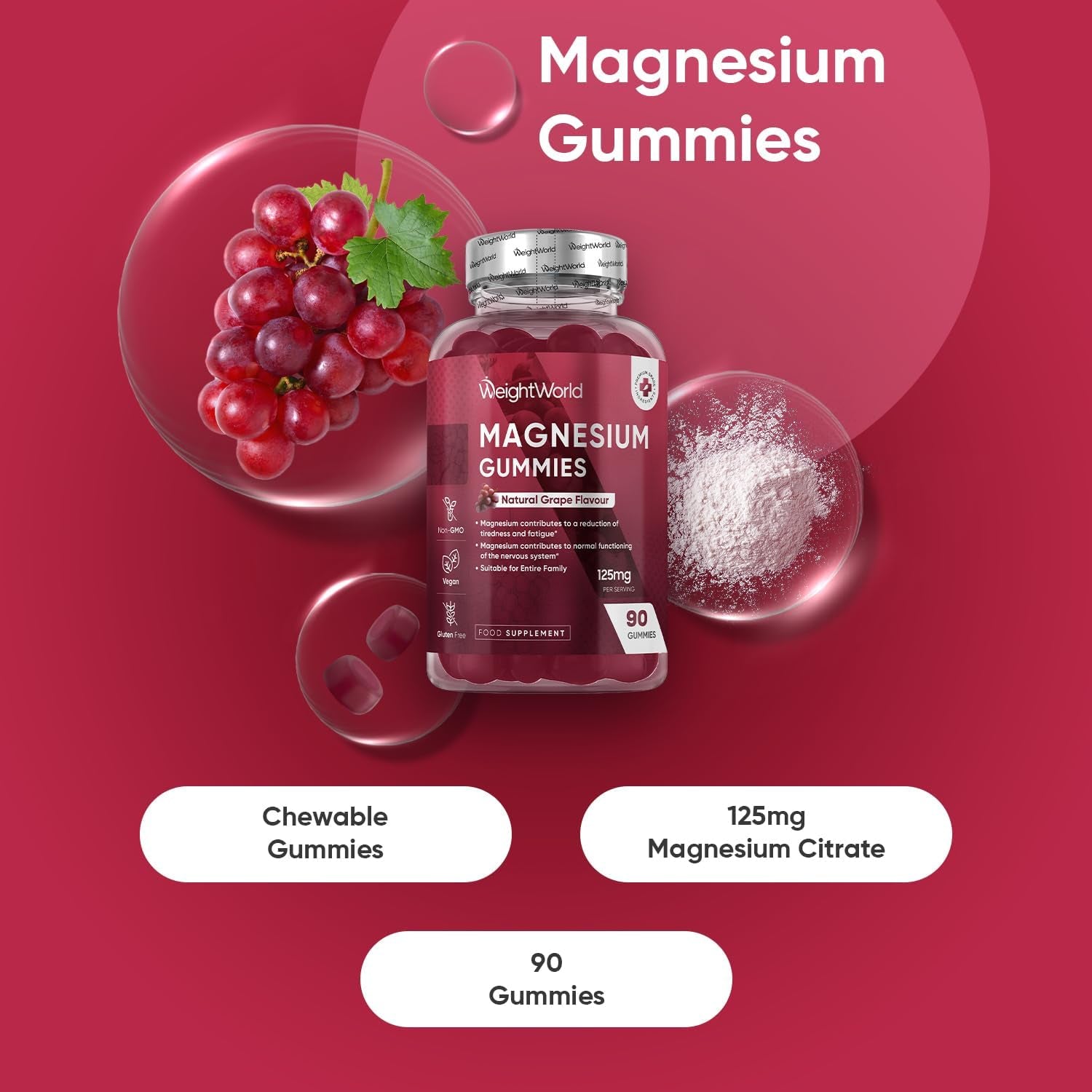 Magnesium Gummies | 90 Vegan Gummies | 125Mg Magnesium Supplements | 45 Days Supply | Natural Grape Flavour | Gluten-Free