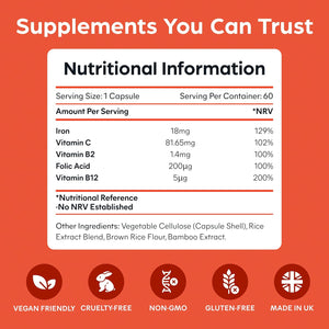 Premium Iron Complex - High Strength Iron (18Mg) with Vitamin C, B12, B9 Folate & Zinc - Gentle Formula for Superior Absorption - Energy & Blood Formation Support - 60 Capsules