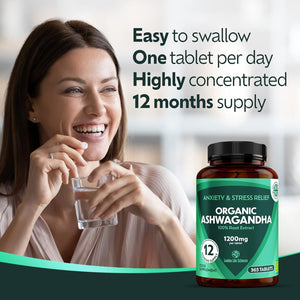 Organic Ashwagandha 1200Mg - 365 Tablets High Concentration Vegan Organic Root Extract - 12 Months Supply