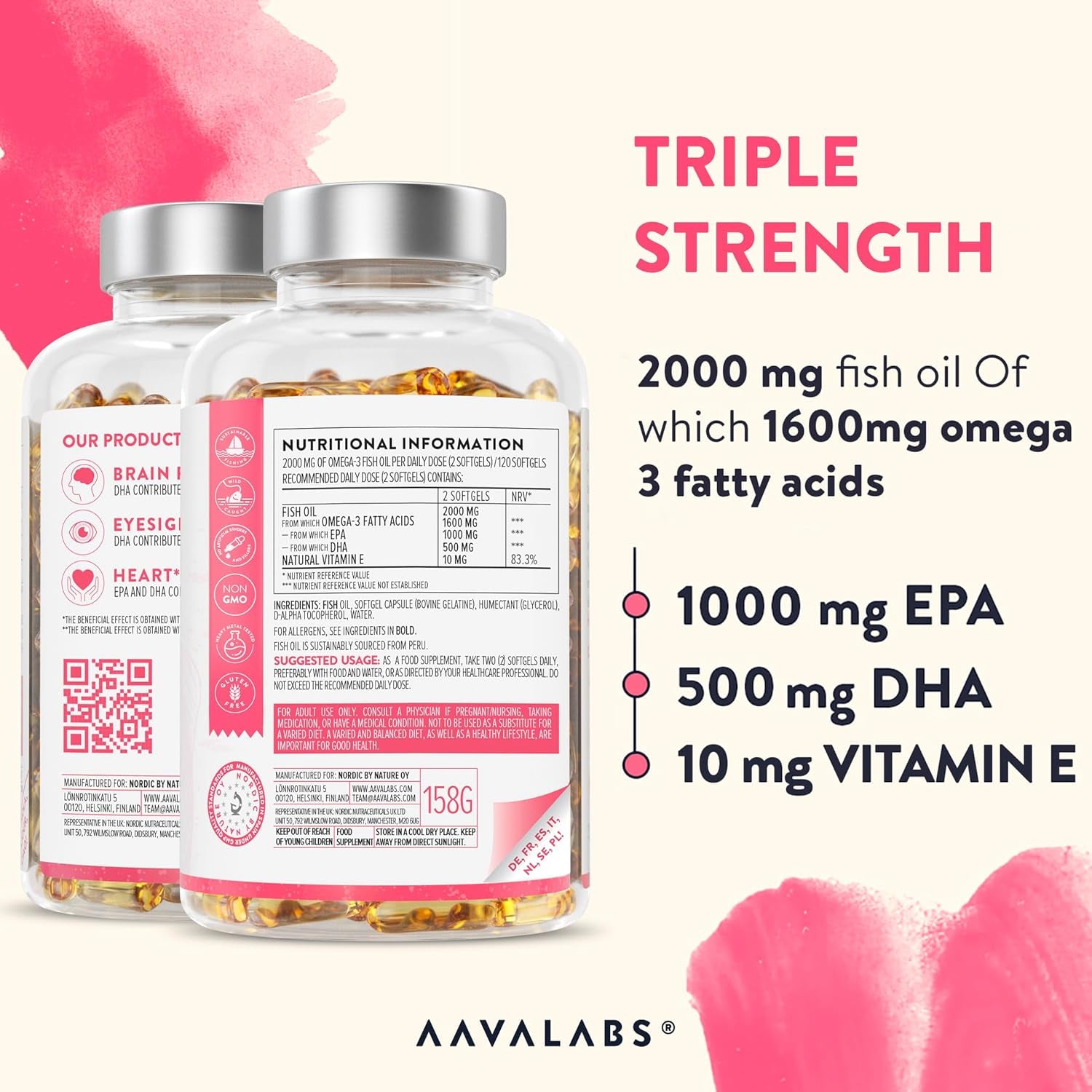 AAVALABS Omega 3 Fish Oil 2000Mg per Daily Dose (2 Softgels) - 1000Mg EPA + 500 Mg DHA per Dose - High Strength Omega 3 Fatty Acids Supplements - Molecularly Distilled - 120 Capsules - 60 Days Supply