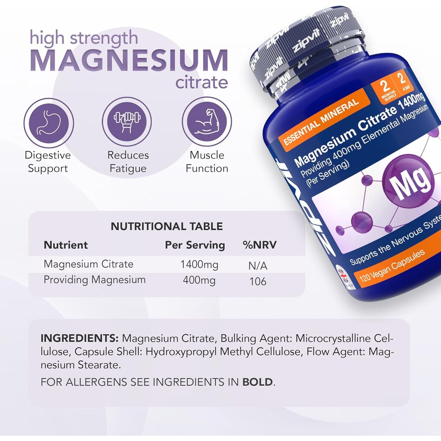 Zipvit Magnesium Citrate 1400Mg, Provides 400Mg Elemental Magnesium, Highly Absorbable for Bone, Muscle & Energy Support. 120 Vegan Capsules, 2 a Day, 2 Months Supply.