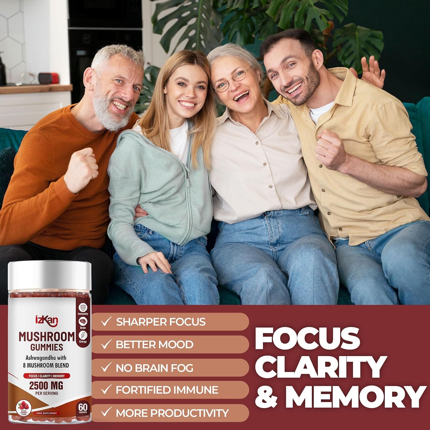 Mushroom Complex Gummies 2500Mg - 8 Brain Health Mushrooms Gummies with Ashwagandha Supplement Promotes Calm Focus Memory Mood Immunity & Energy - 60 Count (Halal, Gluten-Free, Vegan) (1)