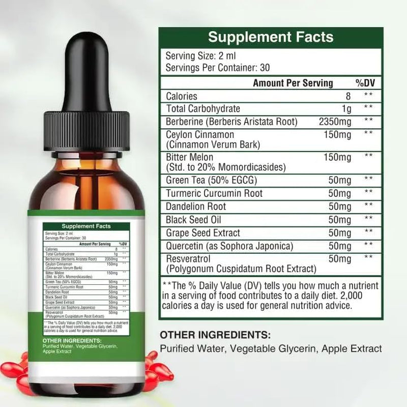Berberine Supplement 3000Mg High Strength, 100% Absorption with 3X Berberine 1000Mg High Strengh Concentration, Natural Ingredients, Green Apple Flavour, 60Ml