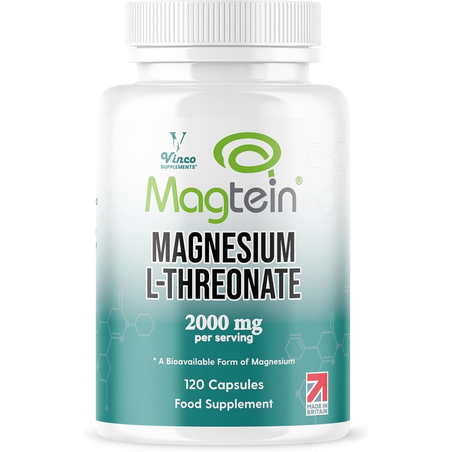 Vinco Magtein® Magnesium L-Threonate Supplement - 120 High Strength Magnesium L Threonate Capsules - 2000Mg Bioavailable Form of Magnesium per Serving - Non-Gmo & Gluten Free – Made in the UK