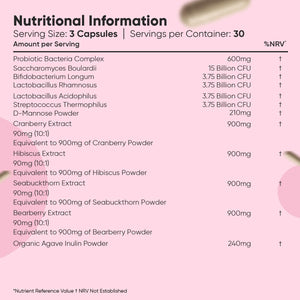 Women Probiotics Capsules - 30 Billion CFU - 90 Delayed Release Capsules - Added with D-Mannose, Cranberry, Hibiscus & Seabuckthorn Extracts - Vegan Intimate Probiotics for Women