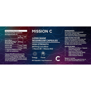Lions Mane Mushroom Capsules 8,000Mg with Added Vitamin B6 and B12 | Nootropic Supplement for Cognition, Mood, Immunity & Inflammation | 60 Two-A-Day Vegan Capsules - Mission C Lion'S Mane