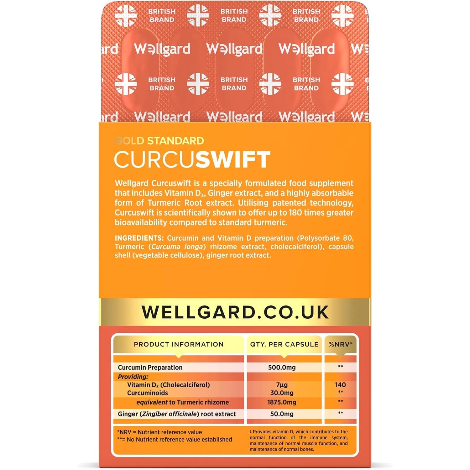 Wellgard Curcuswift Turmeric - High Strength Turmeric Supplement, Curcumin with Vitamin D3 & Ginger for Immune Support & Bone Health