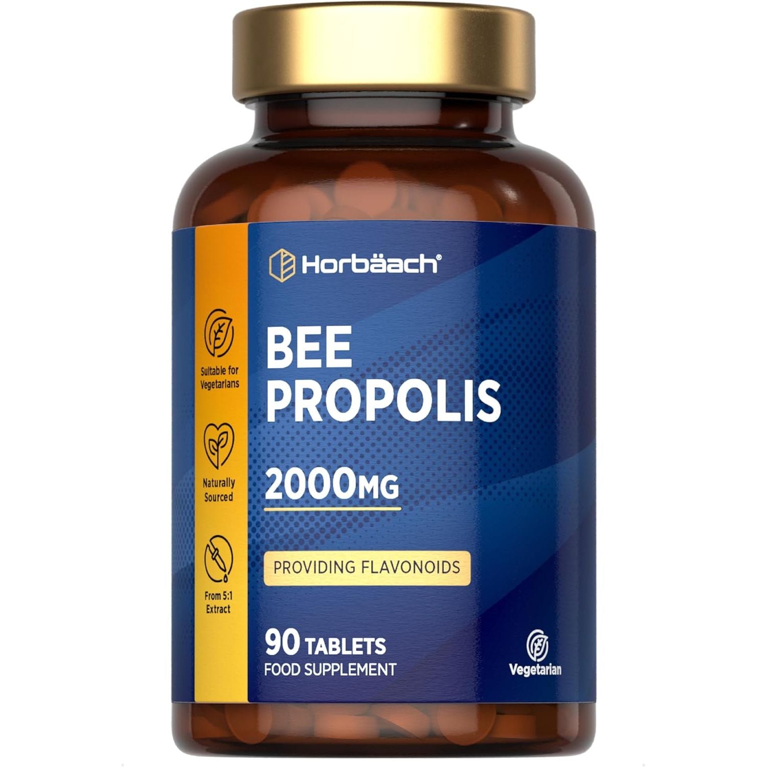 Bee Propolis Tablets 2000Mg | Flavonoids Propolis Supplement | 90 Vegetarian Tablets | High Strength 5:1 Extract | by Horbaach