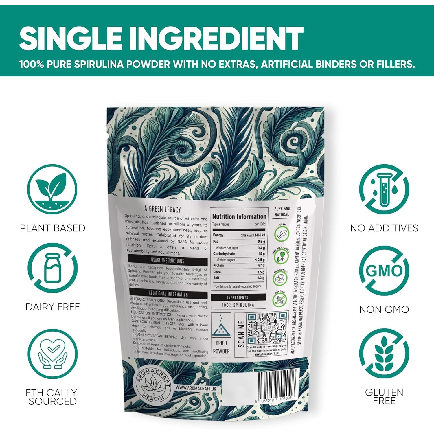 Aromacraft Spirulina Powder – Premium, Ethically Sourced Superfood, Vegan, Non-Gmo, Gluten-Free, 200G Resealable Pack
