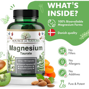 Source of Nature® | Magnesium Taurate 625Mg | 180 Capsules | 45-Day Supply | 50Mg Elemental | High Absorption | Gentle on Stomach | Lab-Tested Purity