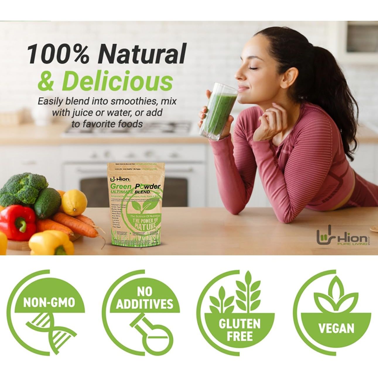Hion Super Greens Powder | 11 Superfoods Incl. Wheatgrass, Spirulina, Chlorella & Green Tea | Energy, Gut & Immune Support | No Fillers | Vegan & Gluten-Free | 30 Servings | Award-Winning & UK Made