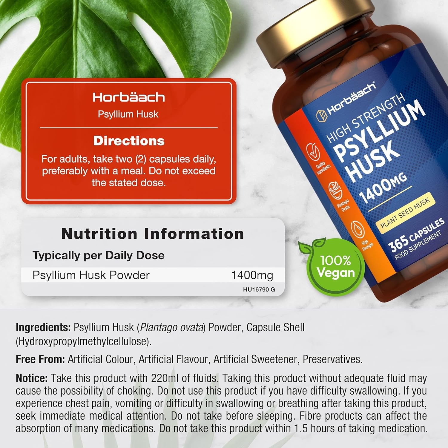 Psyllium Husk Capsules 1400Mg | Fibre Supplement | 365 Vegan Capsules (6-Month Supply) | High Strength Psyllium Husk Powder | Natural Prebiotic | by Horbaach