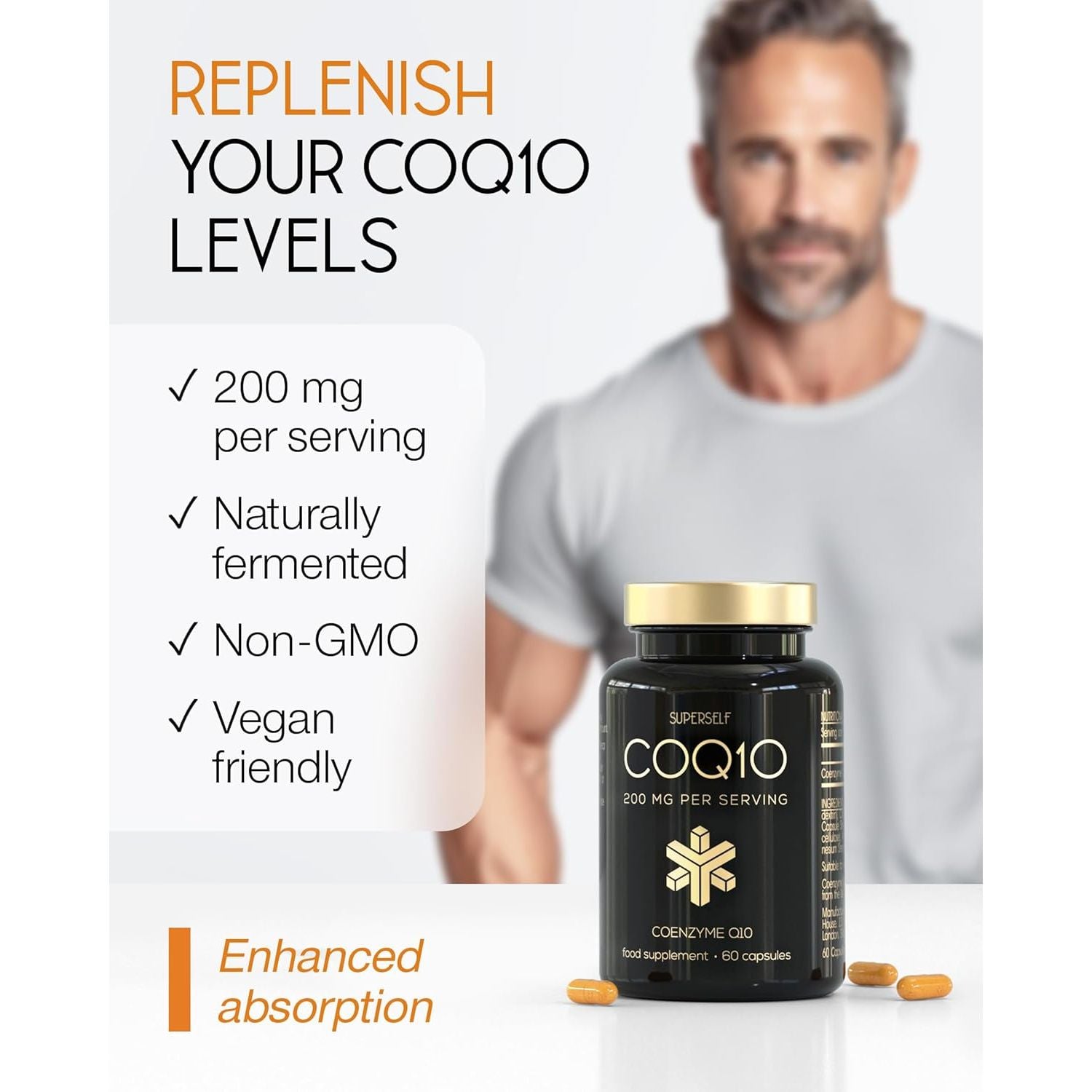 Coq10 Supplement - Coenzyme Q10 High Strength 200Mg - 60 Capsules - Heart Health & Antioxidant - Vegan Naturally Fermented Ubiquinone - Co Enzyme CQ10 High Absorption - UK Made