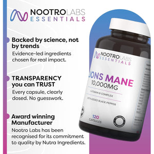 Nootro Labs Essentials Lion'S Mane Capsules (60 Servings), 10000Mg Lions Mane Supplement with Vitamin B Complex to Support Focus and Brain Function
