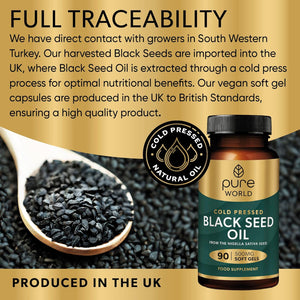 Pure World Natural Black Seed Oil 90 Piece Capsules Vegan Premium Cold Pressed Easy to Swallow Produced in UK