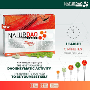 NATURDAO Plus® 60 DAO Tablets 3,000,000 HDU per Day - Perfect Dosage with 1,000,000 HDU per Tablet (3 Tablets/Day) + 8 Co-Factors & Adjuvants, Quercetin, Catalase, Vitamins, Copper & Zinc