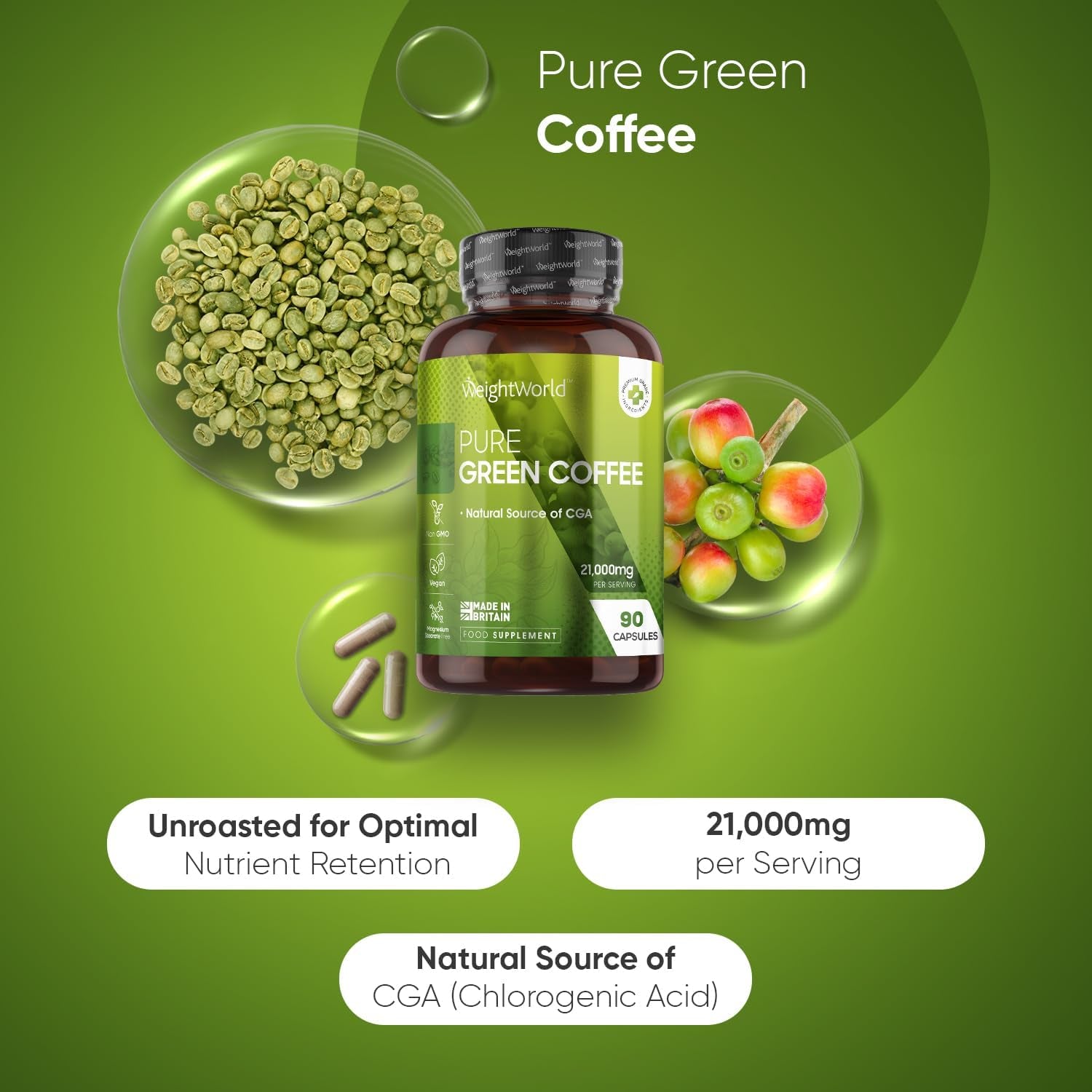 Pure Green Coffee Capsules | 21,000Mg per Serving | 90 Unroasted Green Coffee Capsules | Vegan | Natural Source of Chlorogenic Acid | Made in Britain