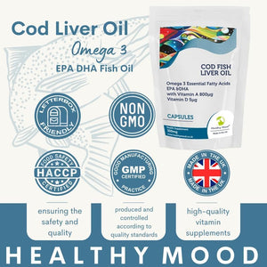 Cod Liver Oil 300Mg High Strength Cod Capsules: Vitamin A, D3, Omega 3 EPA DHA Fish Oil - Uk-Made Health Supplements