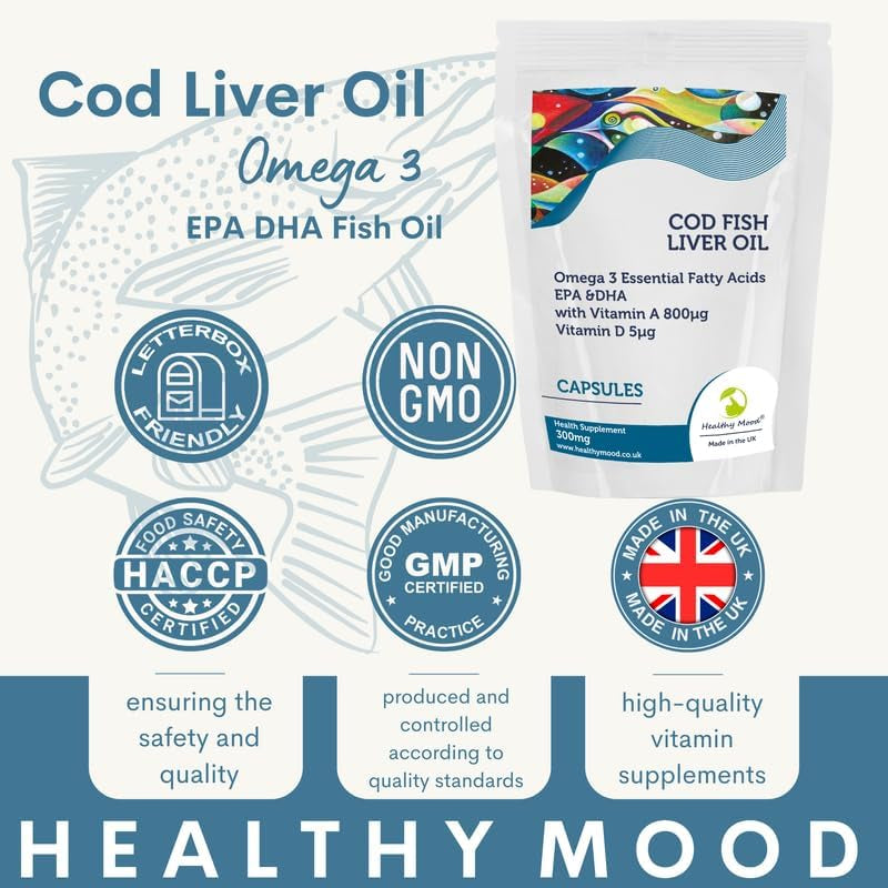 Cod Liver Oil 300Mg High Strength Cod Capsules: Vitamin A, D3, Omega 3 EPA DHA Fish Oil - Uk-Made Health Supplements