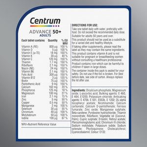 Centrum Advance 50+ Tablets Multivitamin & Mineral Supplements, with 24 Essential Nutrients, Including Vitamin D, C, Zinc, 30 Ct