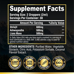 Shilajit, Ashwagandha, Lions Mane Liquid Drops - 120Ml Coconut Flavour - Testosterone Booster for Energy, Focus & Vitality - Ashwagandha & Lions Mane Supplement for Men - Natural Shilajit Complex 2Pk