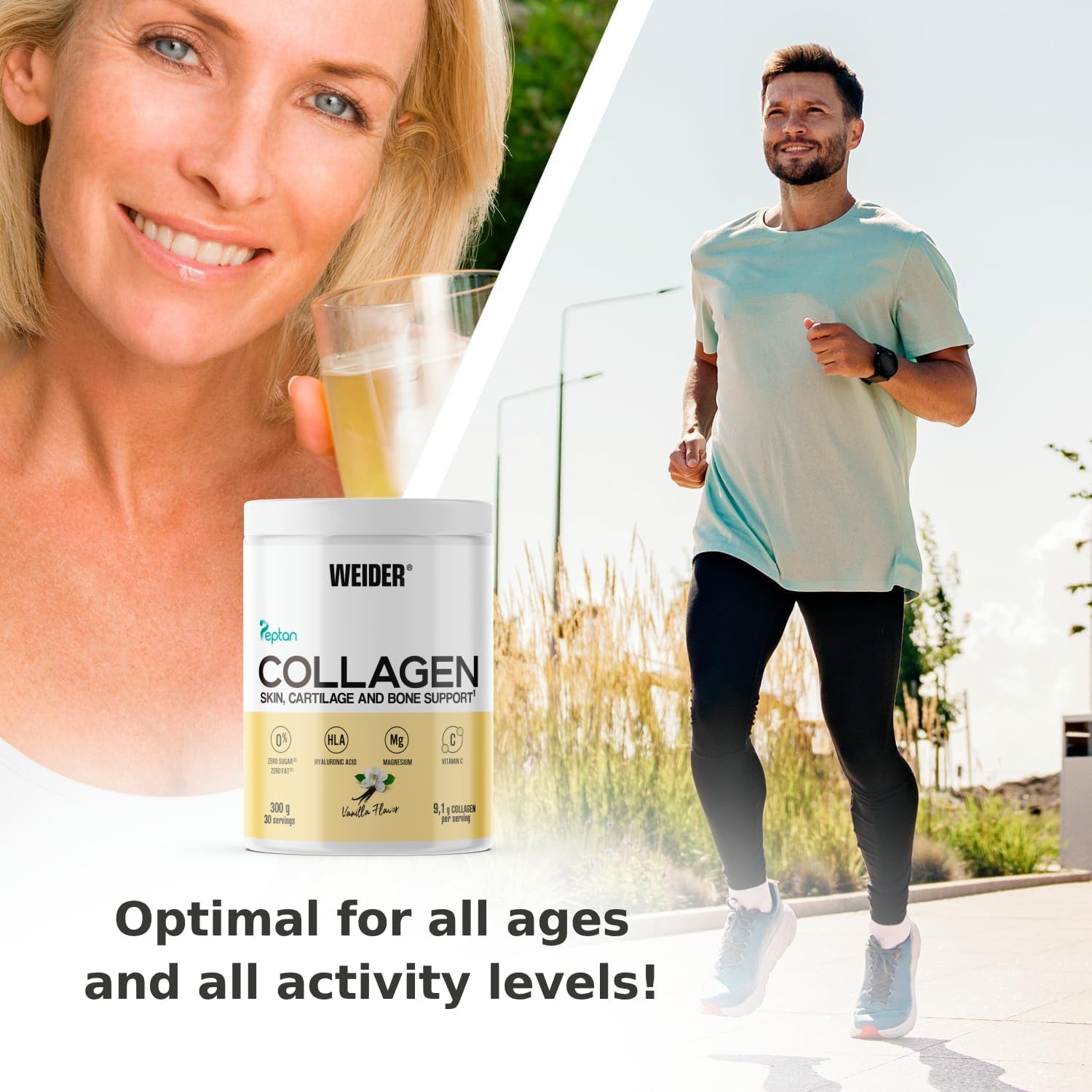 Weider Collagen (300G) Vanilla Flavour. Hydrolysed Collagen Peptides Powder Type I 100% Peptan with Hyaluronic Acid, Magnesium, Vitamin C, Sugar-Free, for Skin, Cartilage, Bones and Hair