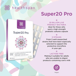 Healthspan Super20 Pro Supports a Healthy Gut (60 Capsuels) | Probiotic with 20 Billion Live Friendly Bacteria | from Five of the Best Strains | Promotes Friendly Bacteria in Your Gut | Vegan
