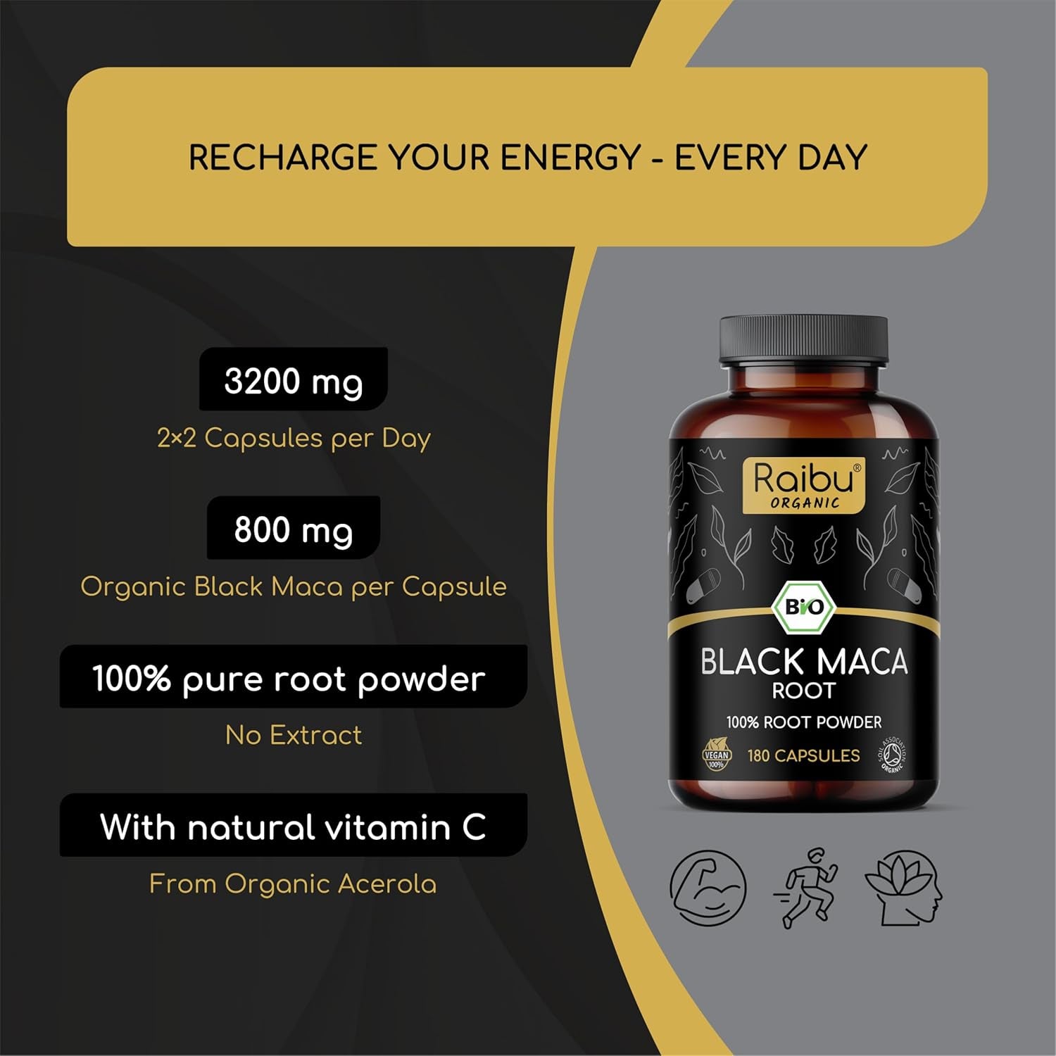 Organic Black Maca Root Capsules - High Strength Peruvian Maca Root (No Extract, Whole Root) - 3200Mg Daily Dose, 180 Vegan Capsules - with Vitamin C from Acerola - UK Quality Standards