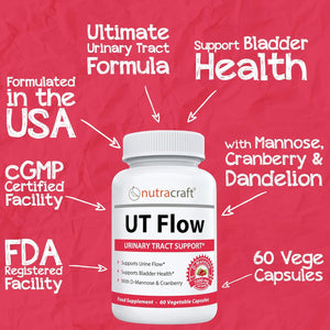 UT Flow #1 D-Mannose & Cranberry Urinary Tract Cleanse | High Strength Bladder & Kidney Health | 60 Vegetable Capsules