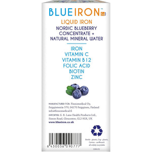 Blueiron Liquid Iron Supplement with Nordic Blueberries + Vitamin C, Vitamin B12, Folic Acid, Biotin and Zinc | 250Ml | Suitable for Vegans | Easily Absorbed and Gentle on the Stomach