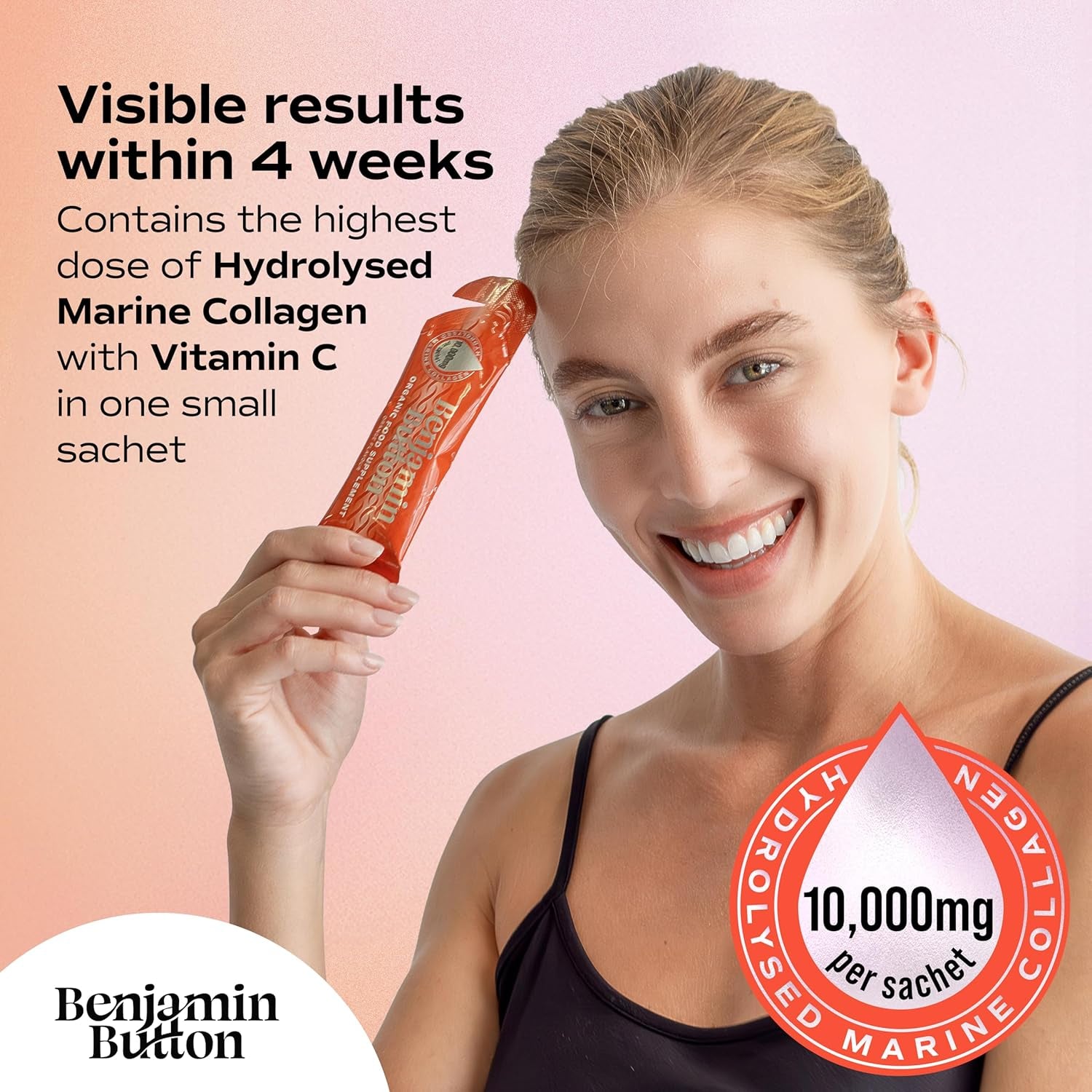 14X Marine Collagen Liquid Sachets - 10,000Mg Hydrolysed Type 1 with Vitamin C | Skin, Hair, Nails | Orange Flavor | 2-Week Supply | Higher Absorption Vs. Powder/Tablets - Benjamin Button®