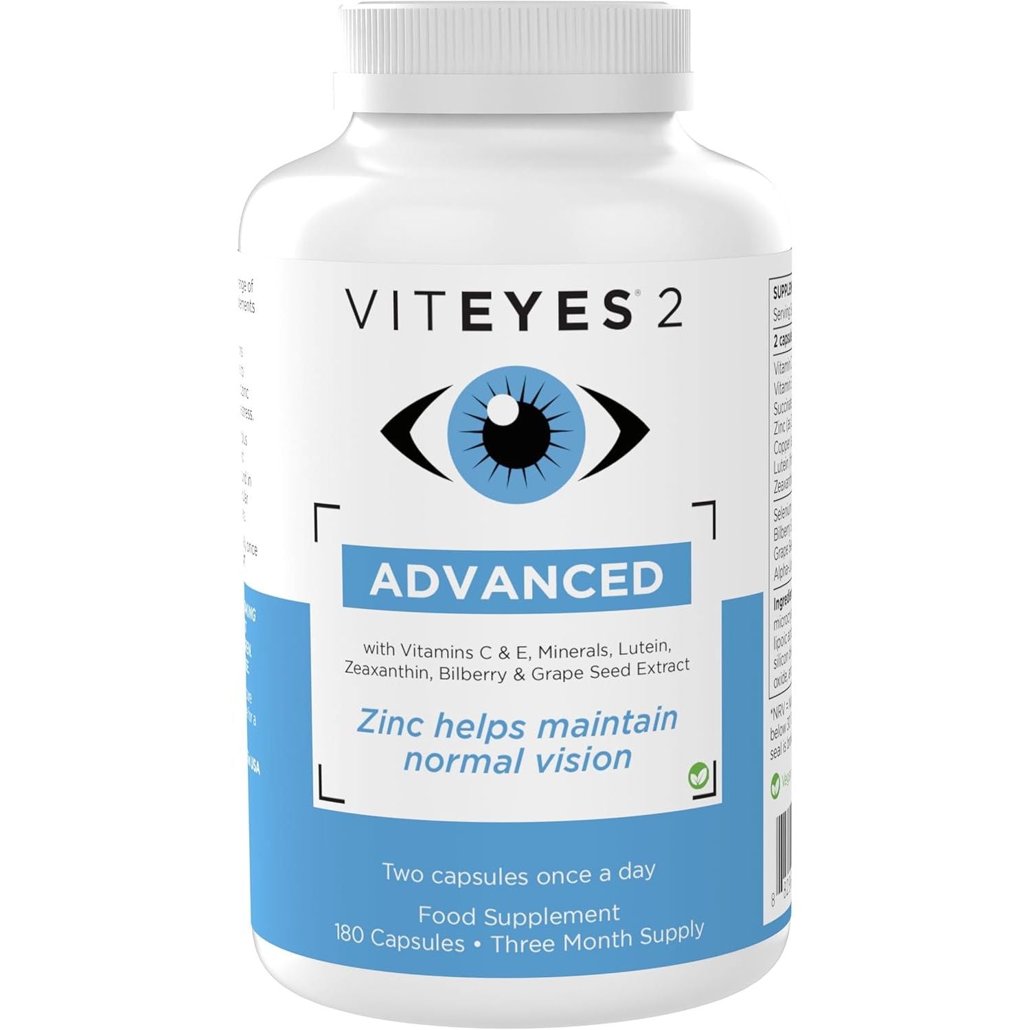 Viteyes 2 Advanced - Vegan AREDS2 Based Formula - 90 Days Supply (180 Capsules)