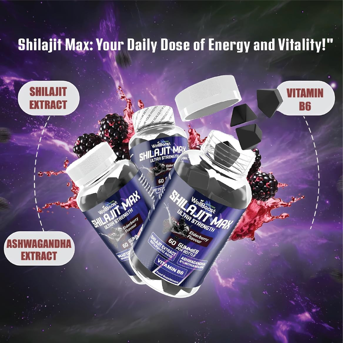 Wellboost Shilajit Max Gummies – 200Mg Shilajit, 40Mg Ashwagandha, 2Mg Vitamin B6 – Vegan Elderberry Flavour – Energy, Vitality & Well-Being Support for Adults (1 Month Supply).