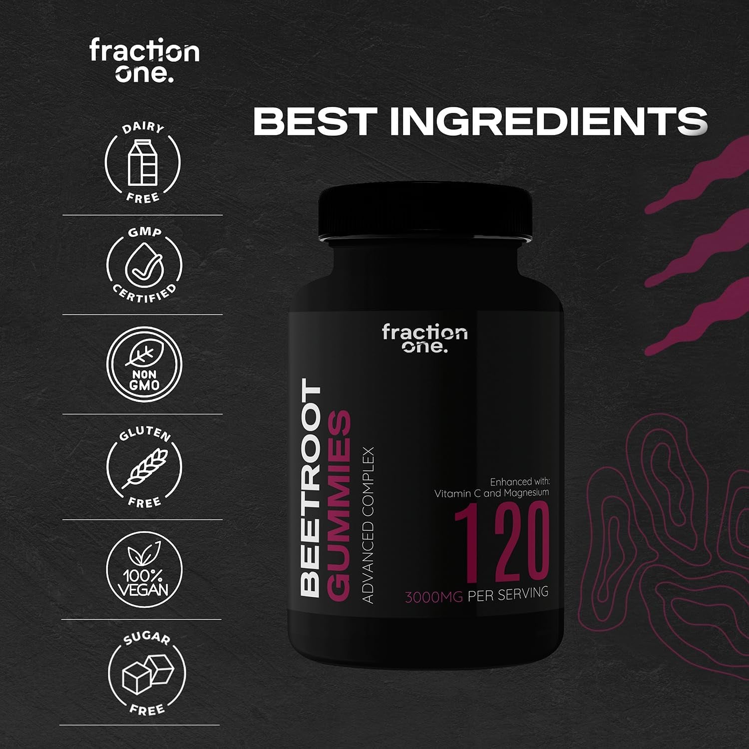 Fraction One Beetroot Gummies – 120 Gummies – 3000 Mg per Serving, 5:1 Extract - Enhanced with Vitamin C and Magnesium – Supports Blood Pressure, Vegan, Nitric Oxide Supplement – 60 Days Supply