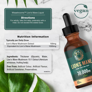 Lions Mane Supplement Liquid Drops 30,000Mg | High Strength Lions Mane | from Fruiting Body | 60Ml Bottle - Vegan | Wiseshrooms