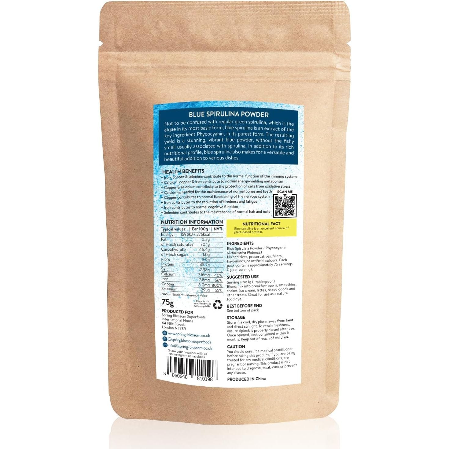 75G Blue Spirulina Powder 100% Natural Phycocyanin Vibrant Blue Colour Premium Quality Vegan Superfood Packed with Antioxidants, Protein, Vitamins & Amino Acids, Nutrient-Dense Immune System Booster