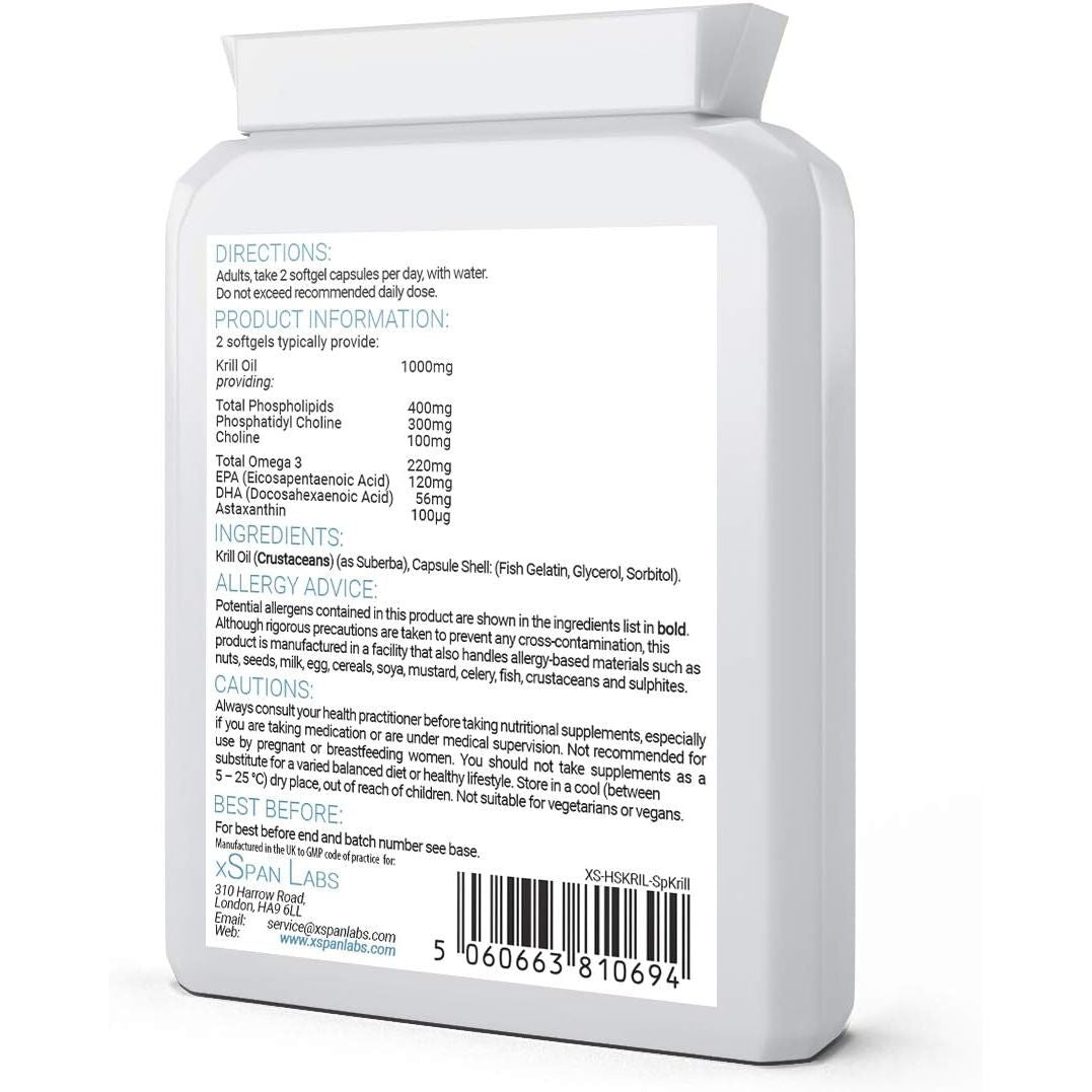 Antarctic Krill Oil 500Mg 60 Capsules - 100% Pure Cold Pressed Superba™ Krill Antarctic Eco Harvested – Reflux Free Source of Omega 3 EPA & DHA Lipids, Phospholipids, Choline and Astaxanthin