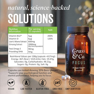 Grass & Co. Lion'S Mane Mushroom 600Mg Capsules with Vitamin D, Vegan Omega 3, Vitamin B12 & Ginseng | Focus | Supports Cognitive Health | 60 Capsules, 30 Servings