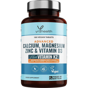 Calcium, Magnesium, Zinc and Vitamin D plus Vitamin K2 MK-7 Tablets - Osteo Supplement - 180 Vegan Tablets Not Capsules - Made in the UK by Yrhealth