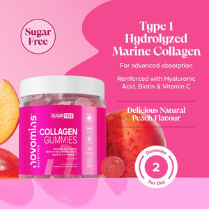 Collagen Gummies - Sugar Free - with Hyaluronic Acid, Vitamin C & Biotin - Collagen Supplements for Women & Men - More Convenient than Collagen Powder - 60 Marine Collagen Gummies - Novomins