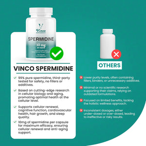 Vinco Spermidine Supplement - 10Mg X 120 High Strength Spermidine Capsules - 99% Purity - Supports Healthy Ageing & Longevity - Non GMO & Gluten Free - Made in the UK