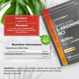 L-Arginine Supplement 1800Mg | 120 Vegan Capsules | High Strength Amino Acids Capsules for Pre and Post Workout | Keto Diet Friendly | by Horbaach